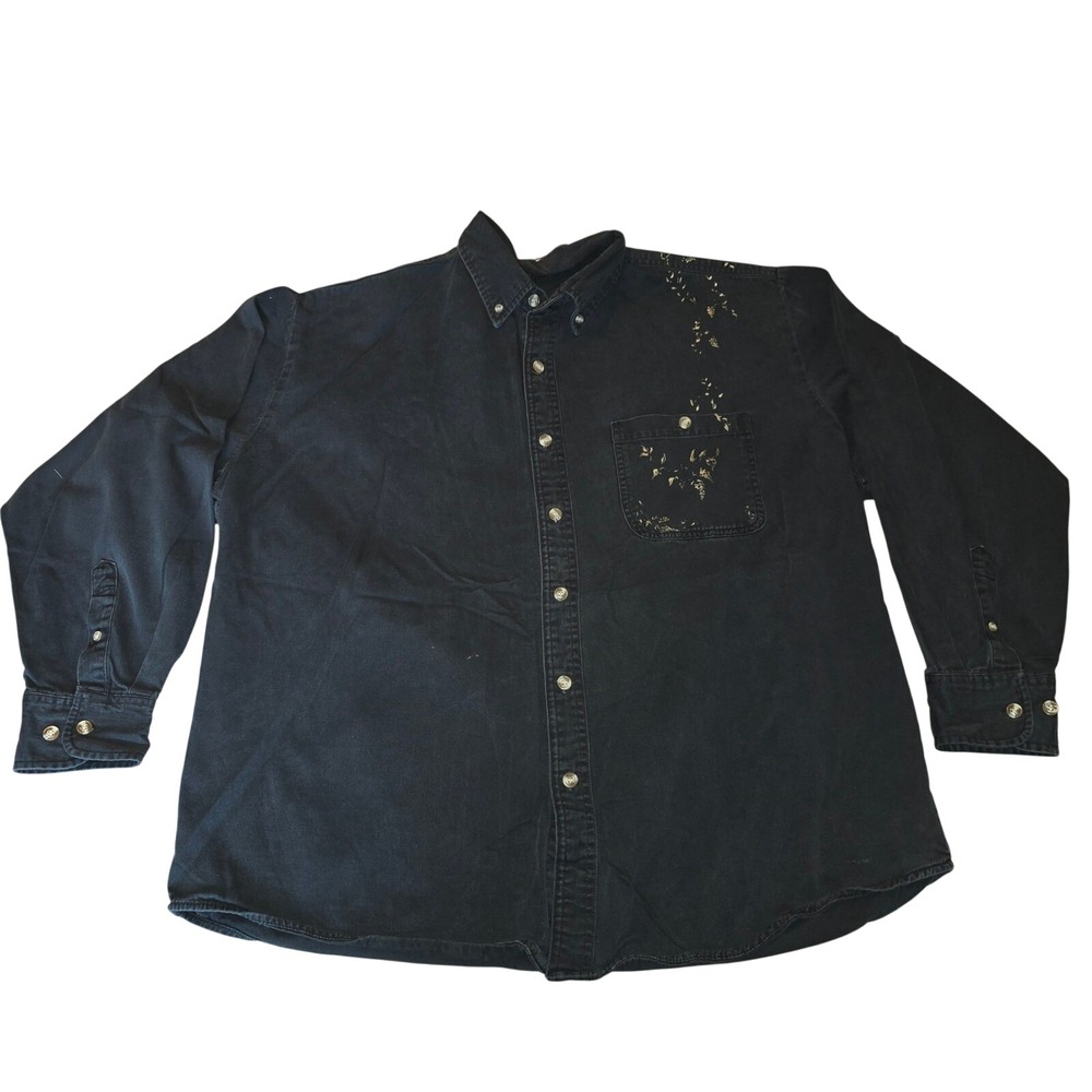 LA Loving Black Denim Button Up Painted Gold Long Sleeve Size XL 100% Cotton VTG